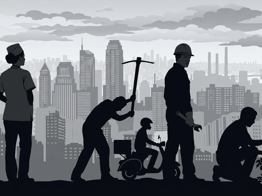 Silhouetted workers against a city skyline
